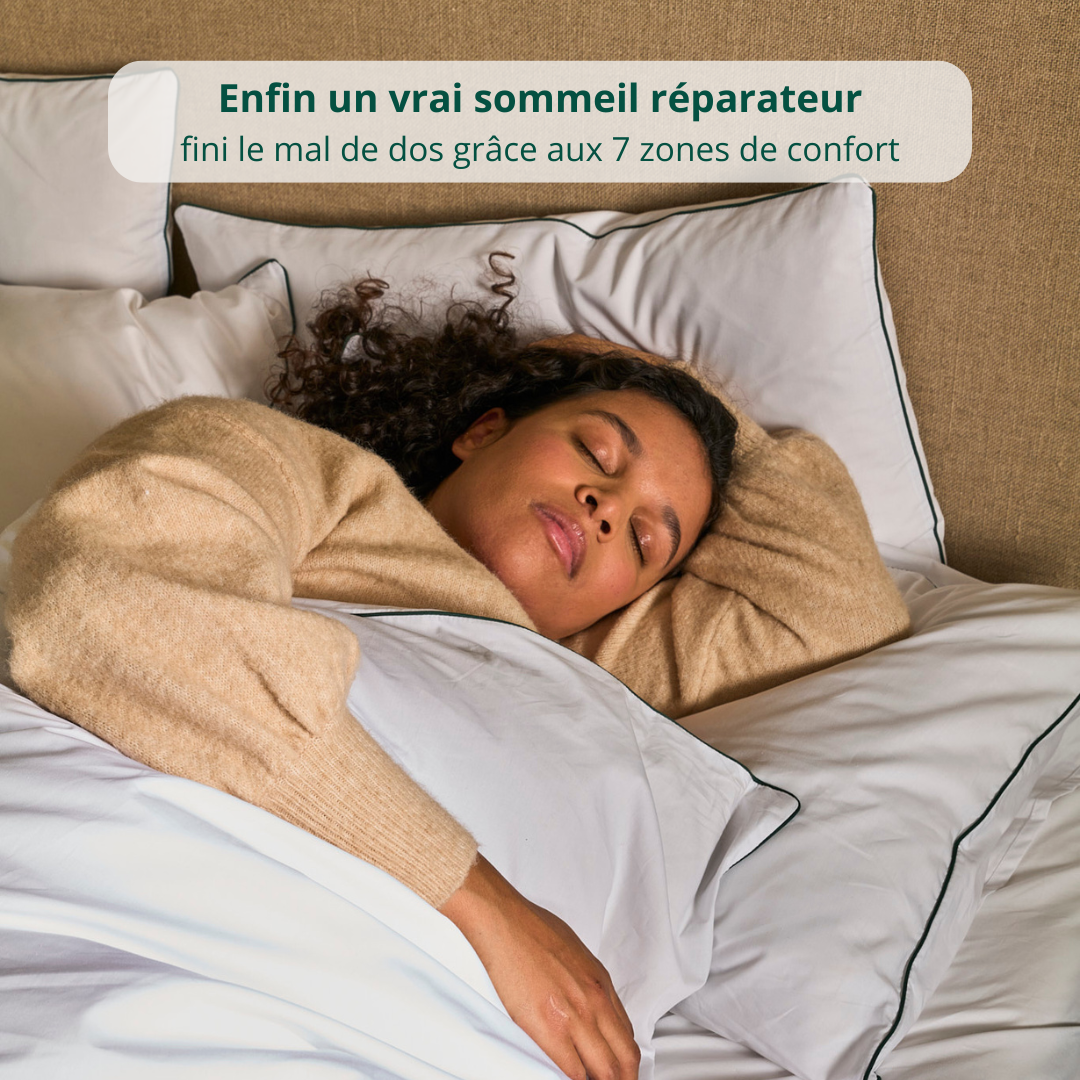 Femme apaisée allongée sur le matelas original Bonnuit avec la bannière illustrant les 7 zones de confort du matelas