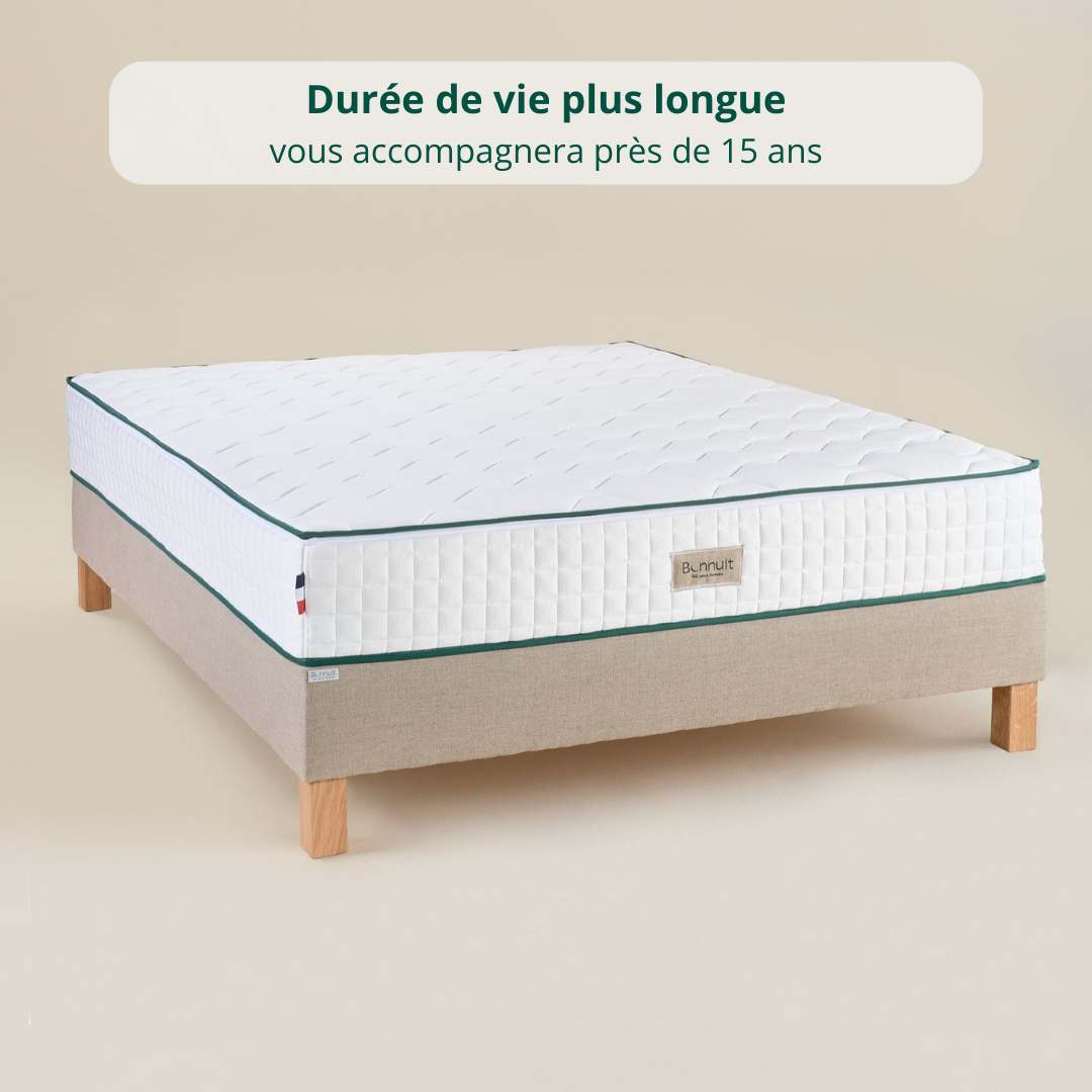 Matelas Original Bonnuit en ressorts ensachés et latex naturel, vue 3/4 avec bannière illustrant sa longue durée de vie